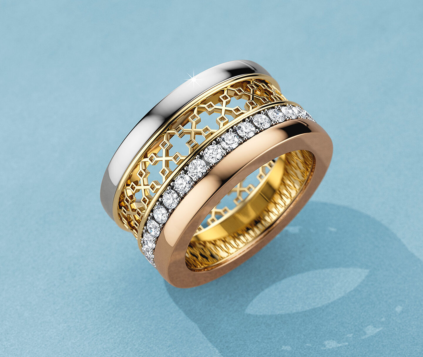 Birks Dare to Dream tri-gold ring on a blue background.