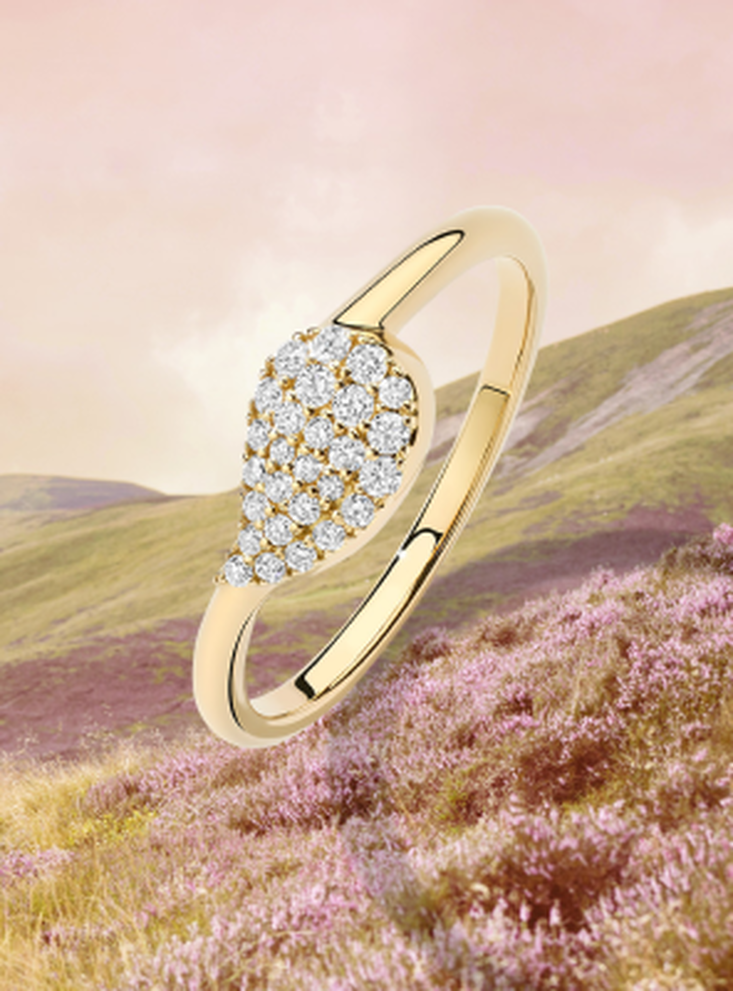 Birks Pétale yellow gold and diamond ring on a field background.