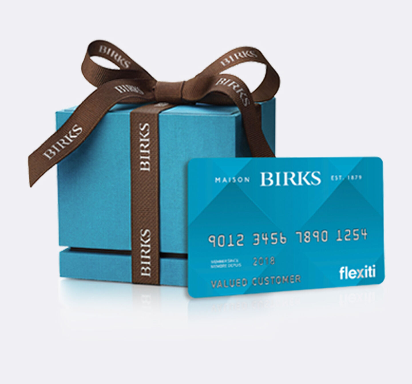 Maison Birks Signature Blue Box wrapped in brown ribbon and Maison Birks Flexiti card