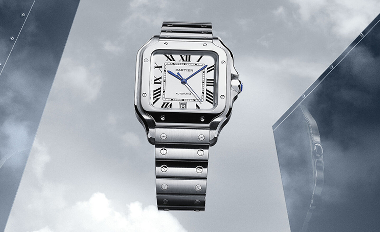 Cartier Santos de Cartier Large Model Automatic 39 mm Stainless Steel floating in the clouds