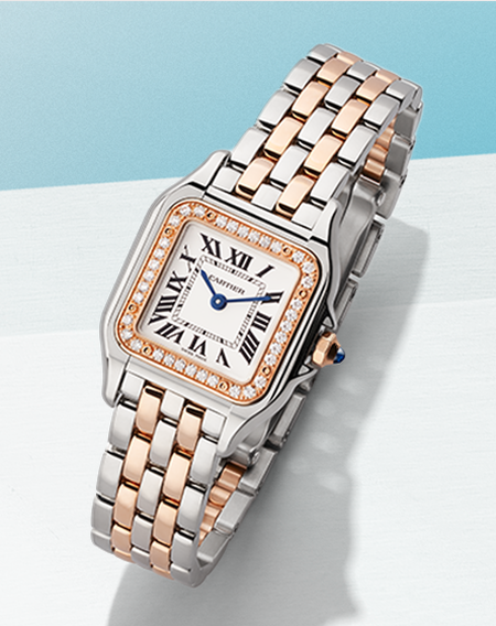 Panthère de Cartier women's watch on a blue background.