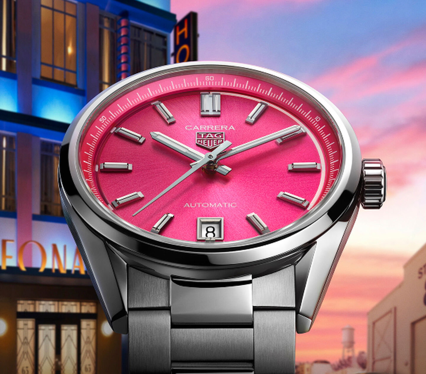 A women's TAG Heuer Carrera watch with a pink dial