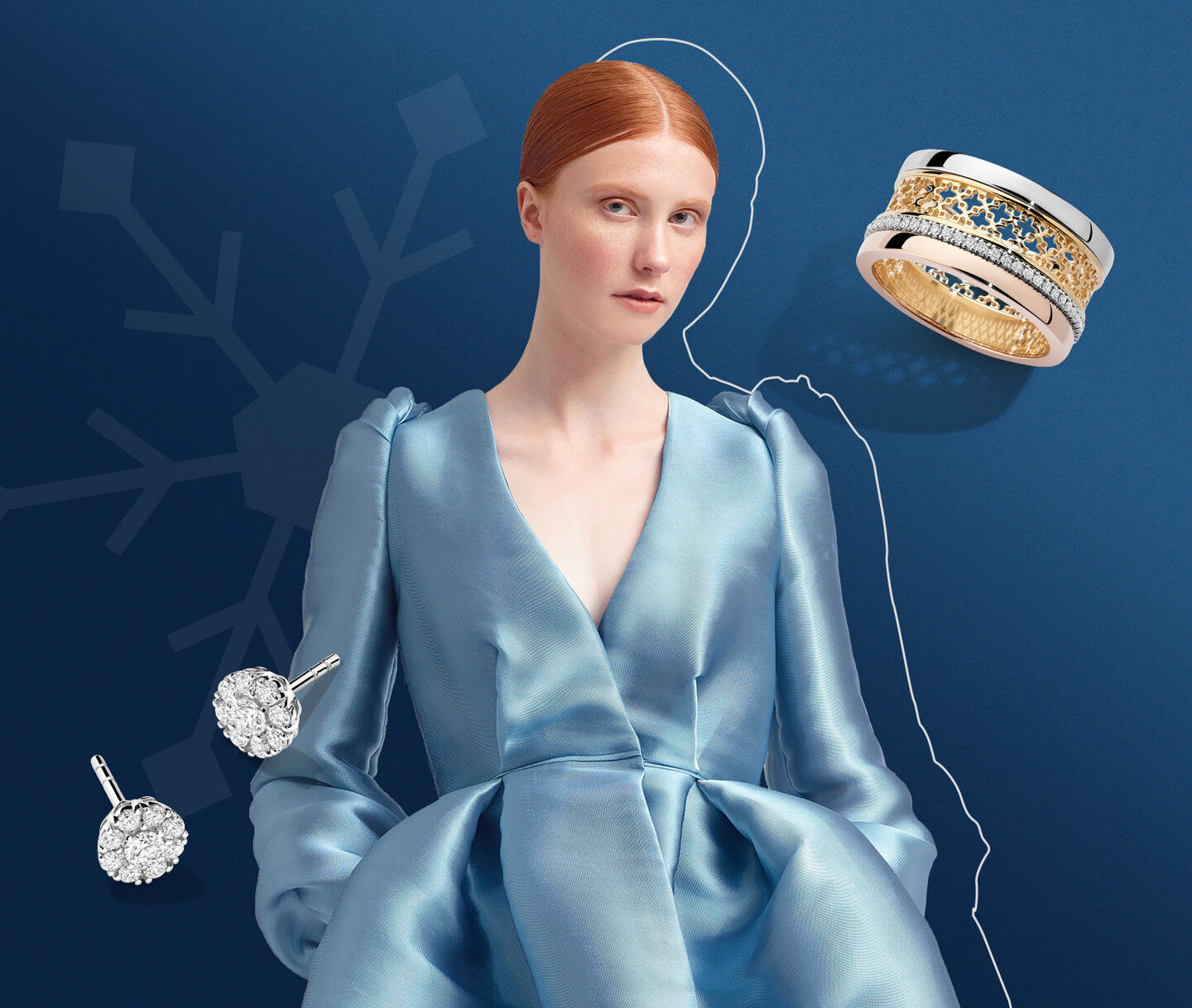 A model in a blue dress stands between a Birks Dare to Dream tri-gold ring and Birks Snowflake diamond stud earrings