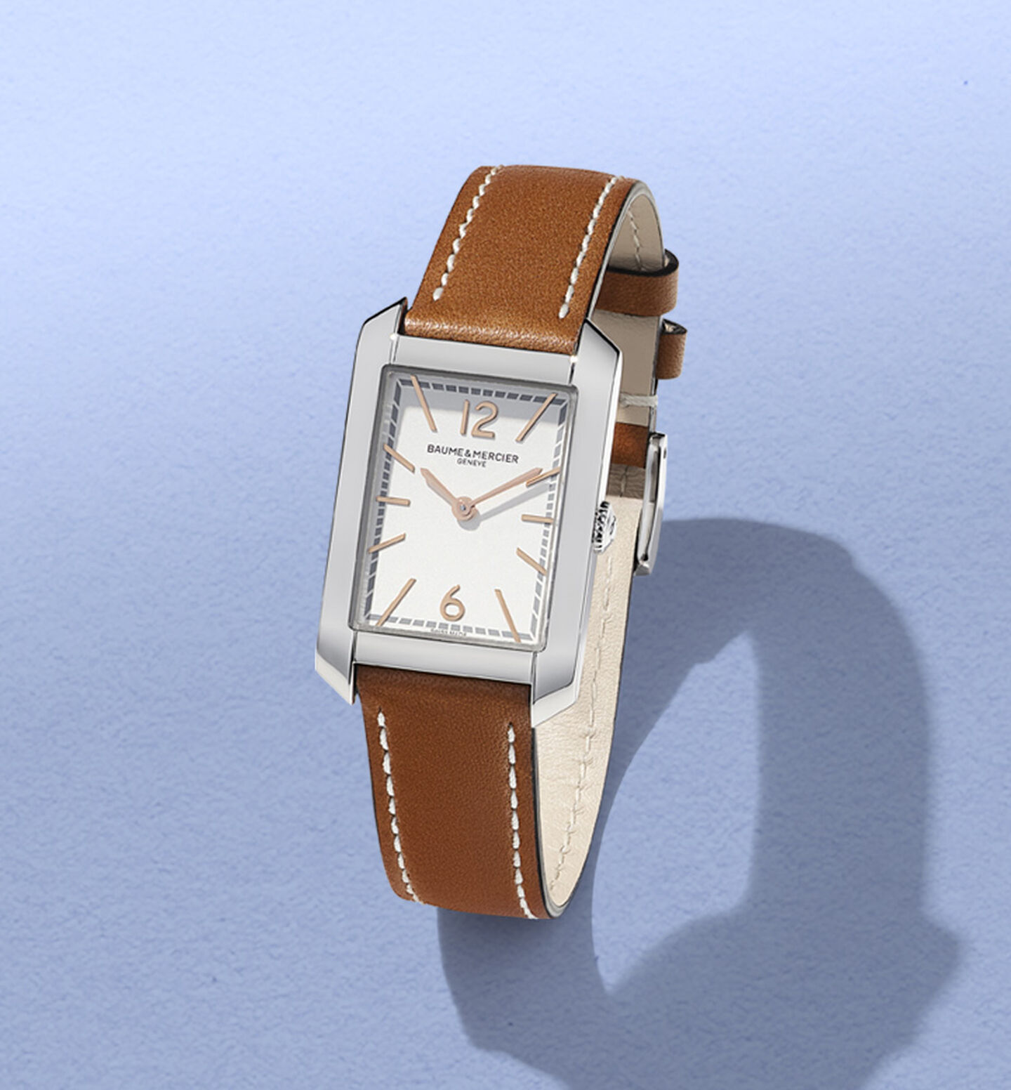 Baume et Mercier Riviera watch on a blue background.