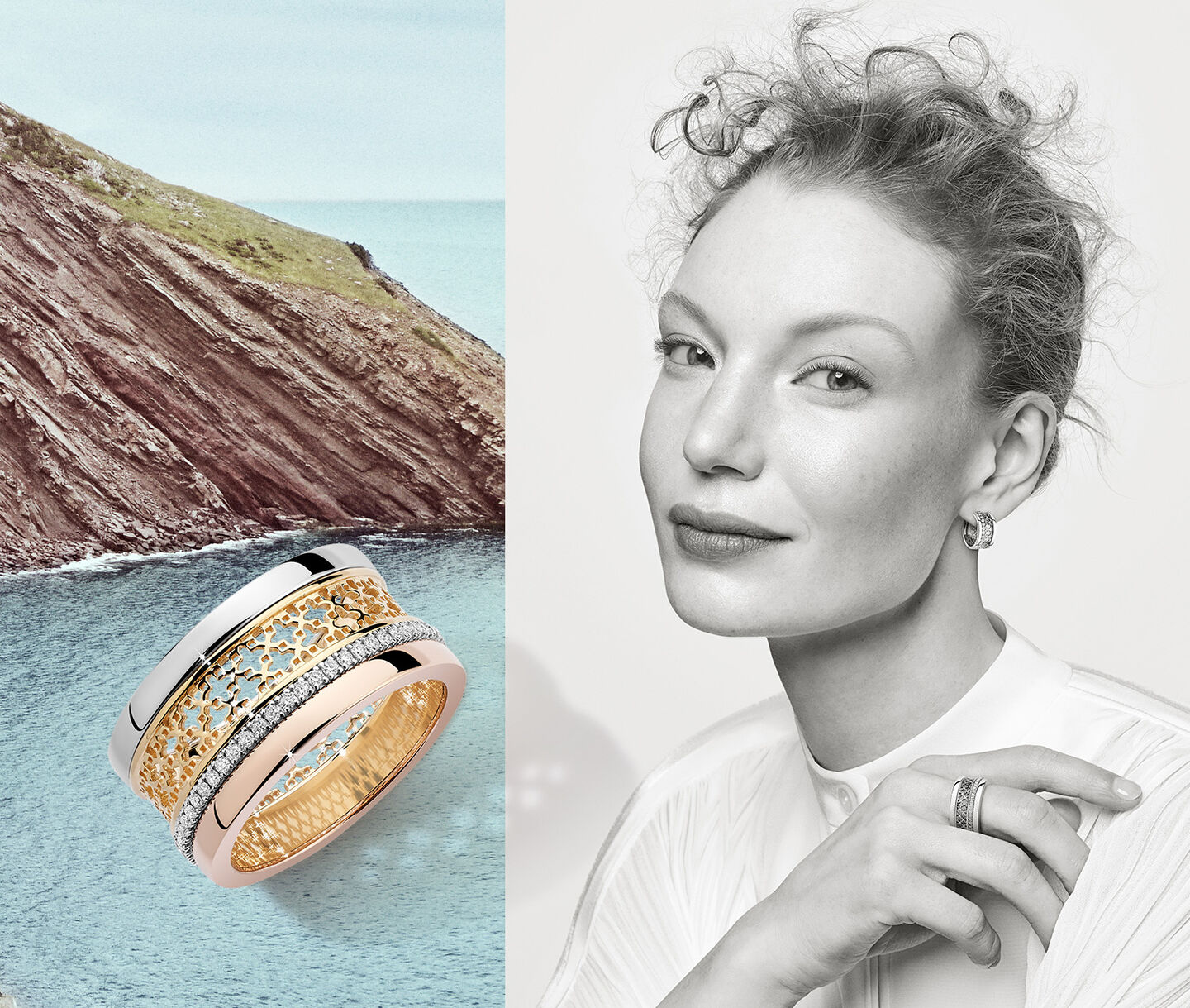 Black and white model on the right beside a tri-gold diamond ring on the left