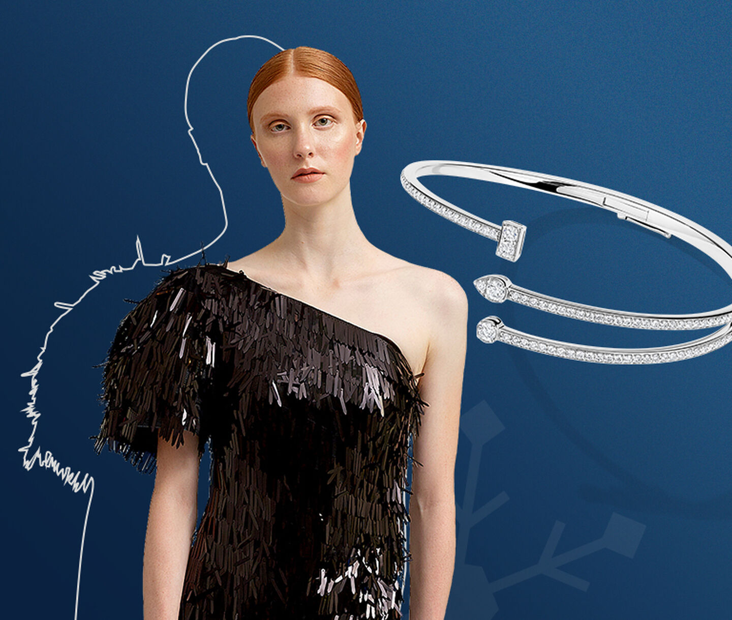 Model in a black off the shoulder dress beside a silver and diamond bracelet