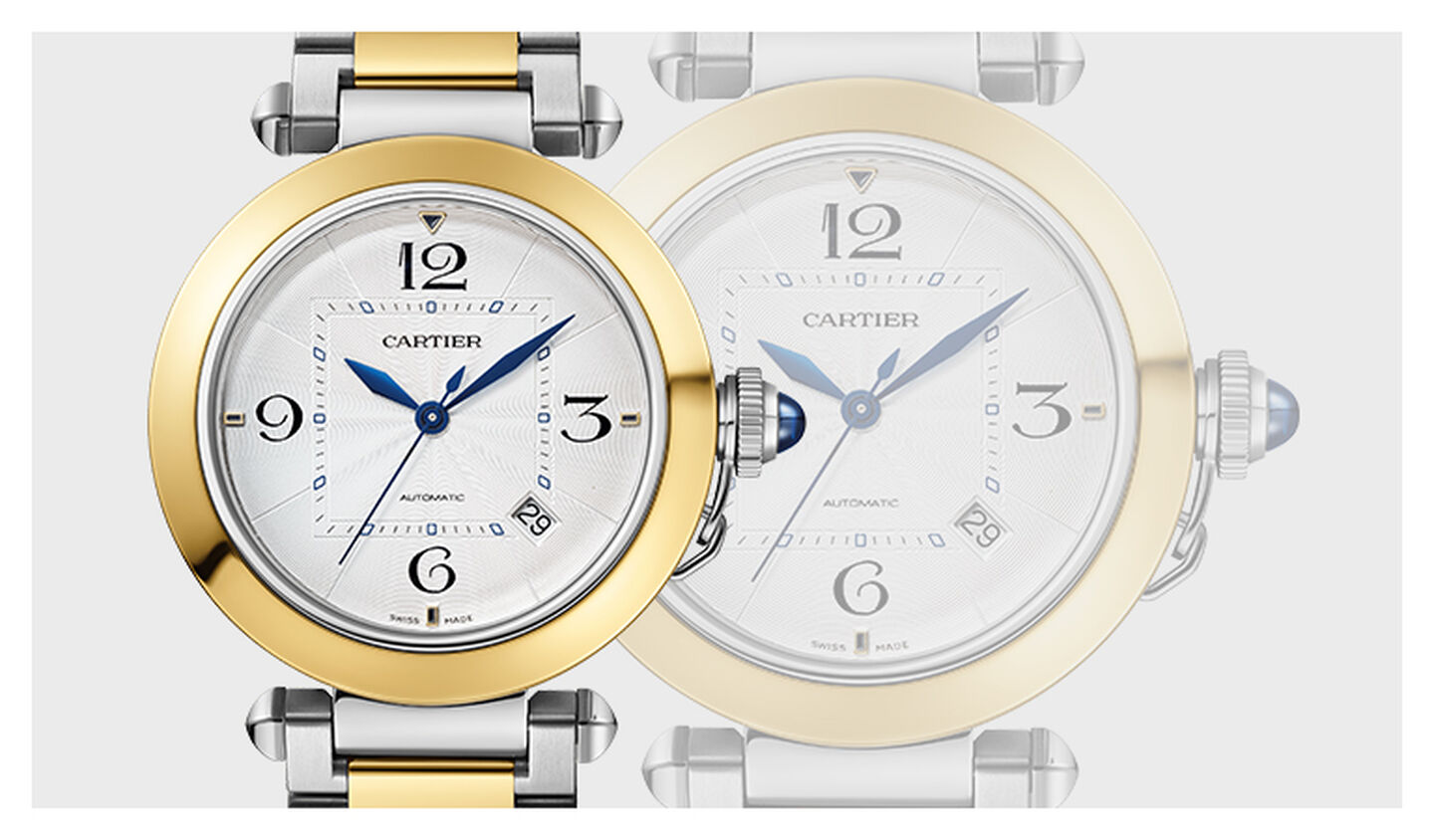 Montre Pasha de Cartier sur un fond gris.