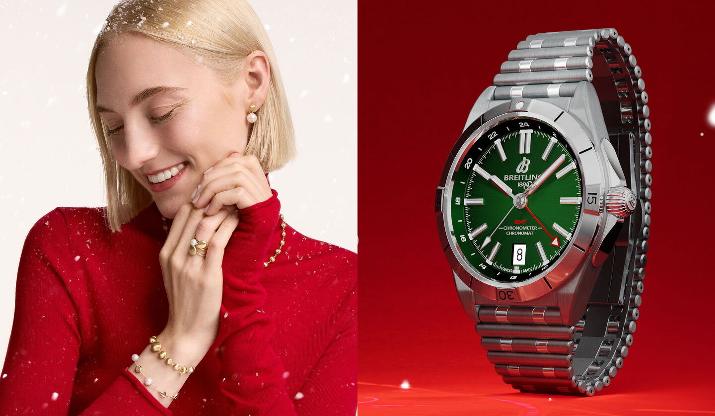 A woman in a red top with gold jewellery beside a close-up of a green-dial Breitling watch.