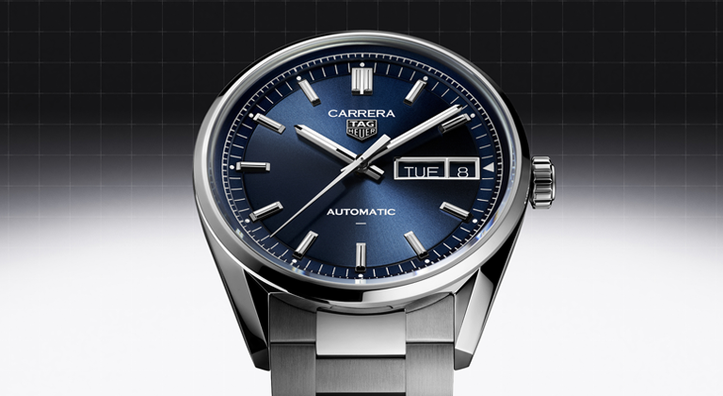 TAG Heuer Carrera watch on a black and white background.