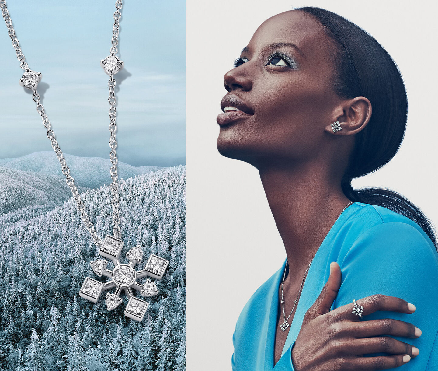 On the Right a model looks to the sky, on the left a white gold and diamond necklace