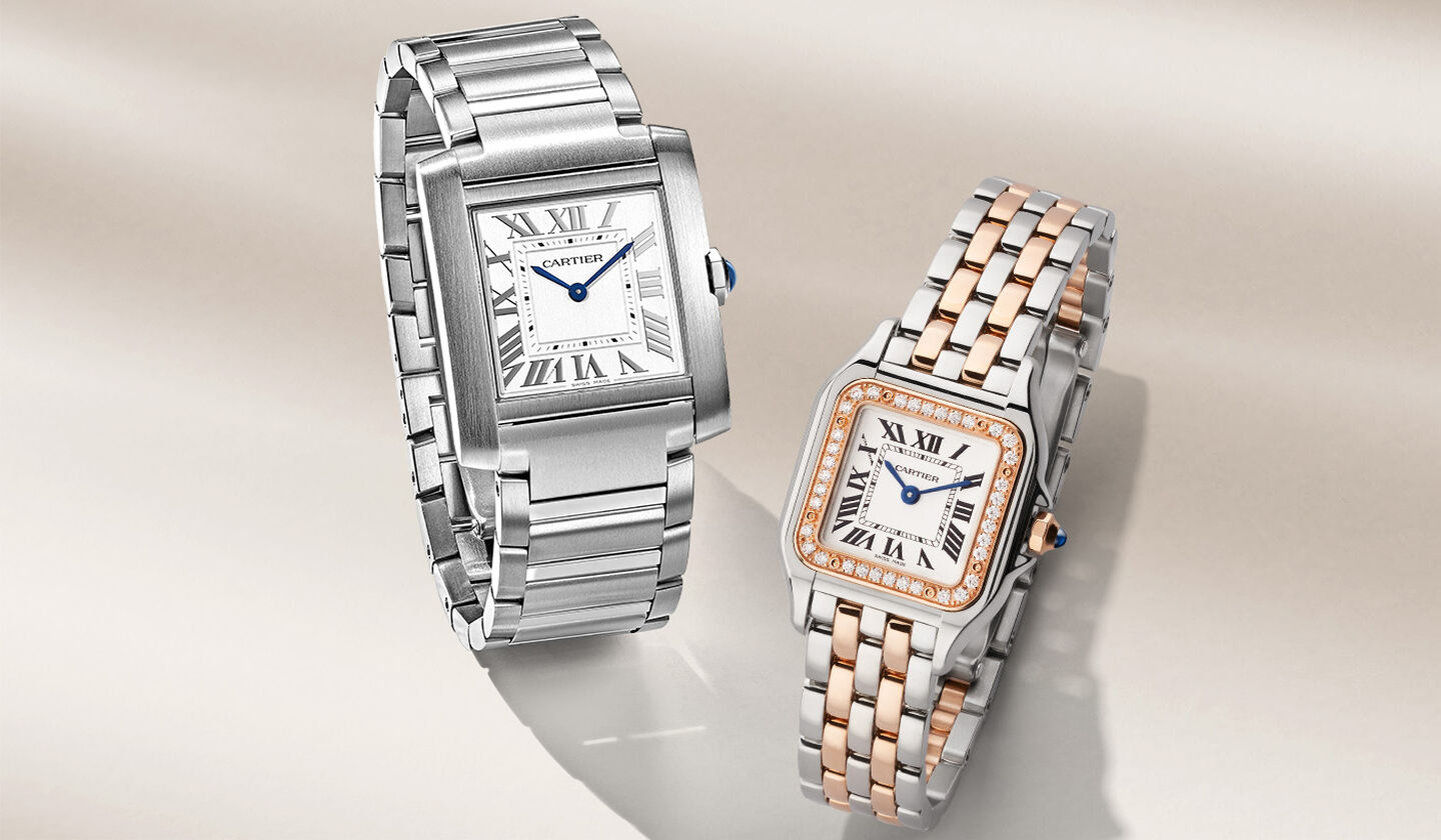 Tank de Cartier and Panthere de Cartier watch on a beige background.