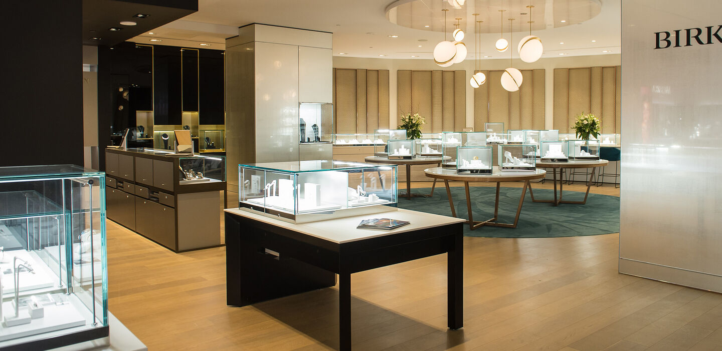 The showcases of jewellery at Maison Birks on Bloor Street in Toronto.