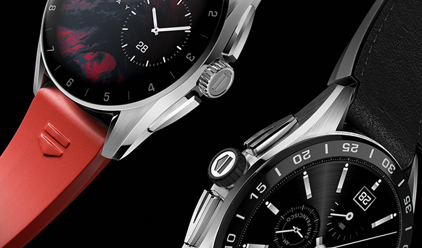 Smart watch with a silver bezel and a red silicon band