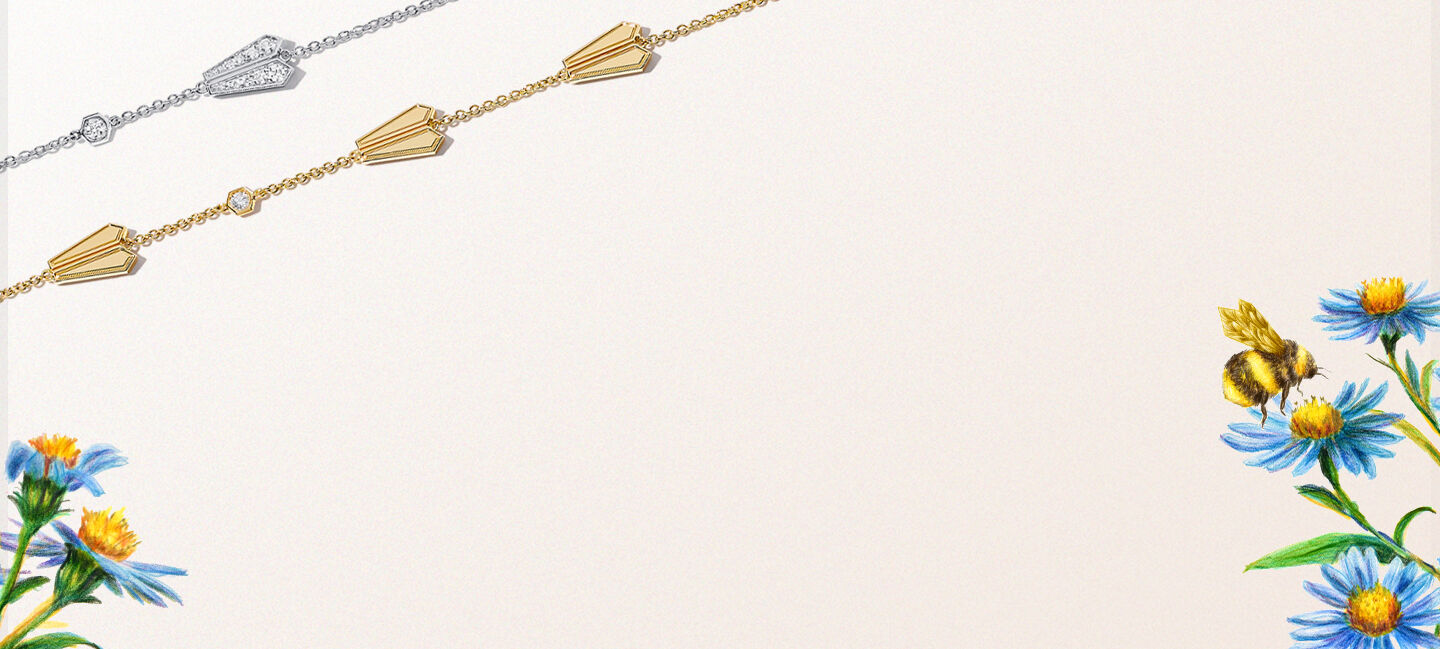 An illustration of a bee and Birks Beekeeper bracelets.