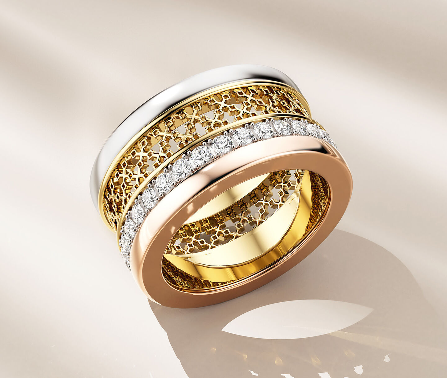 Birks Dare to Dream ring on a beige background.