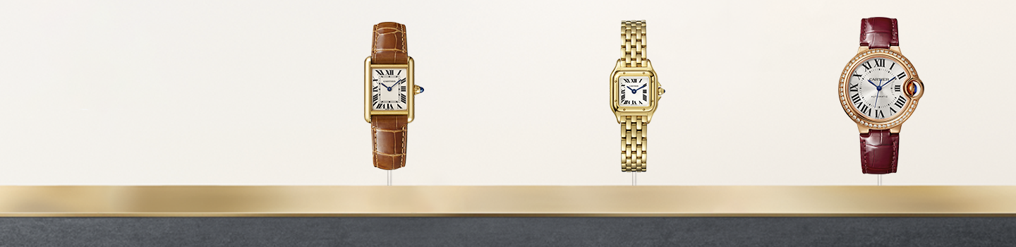 Ballon Bleu, Tank, Panthère Cartier watches on a beige background.