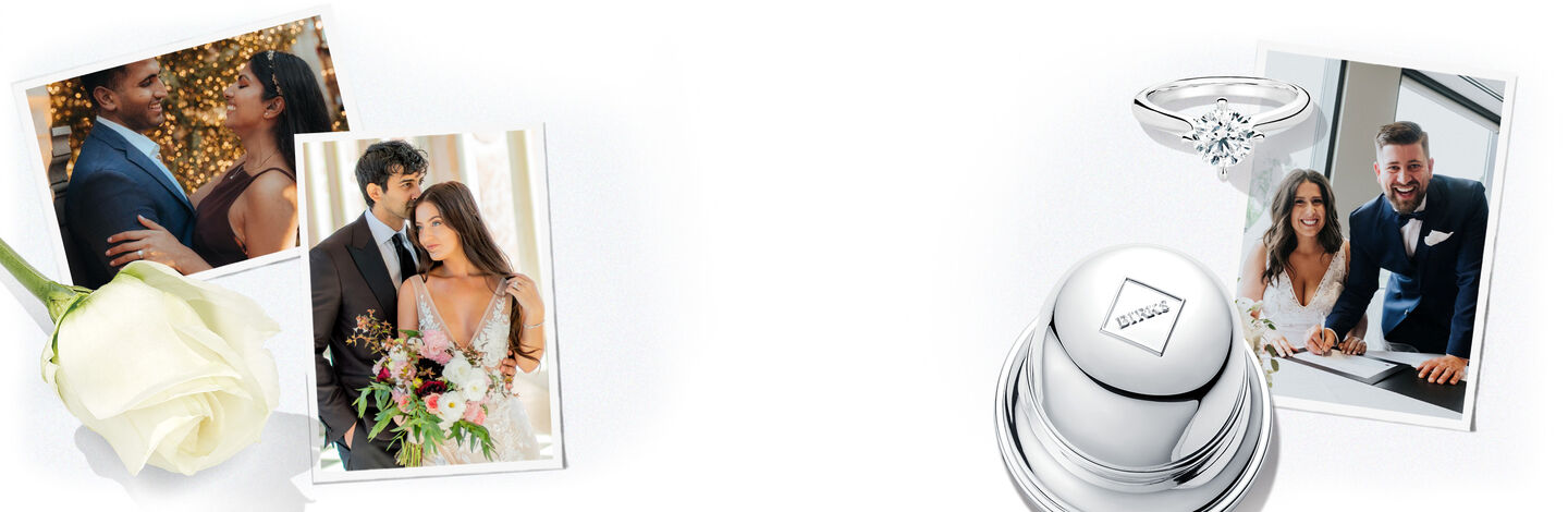 Photographs of 3 couples in between a rose, a bell box and an engagement ring