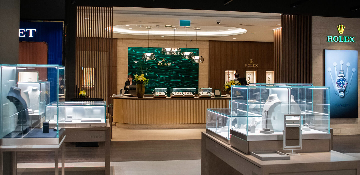 The Rolex Showroom and jewellery showcases at Maison Birks CF Chinook Centre in Calgary.
