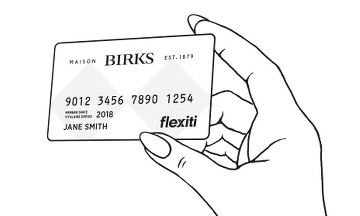 An illustration of a hand holding a Maison Birks FlexitiCard.