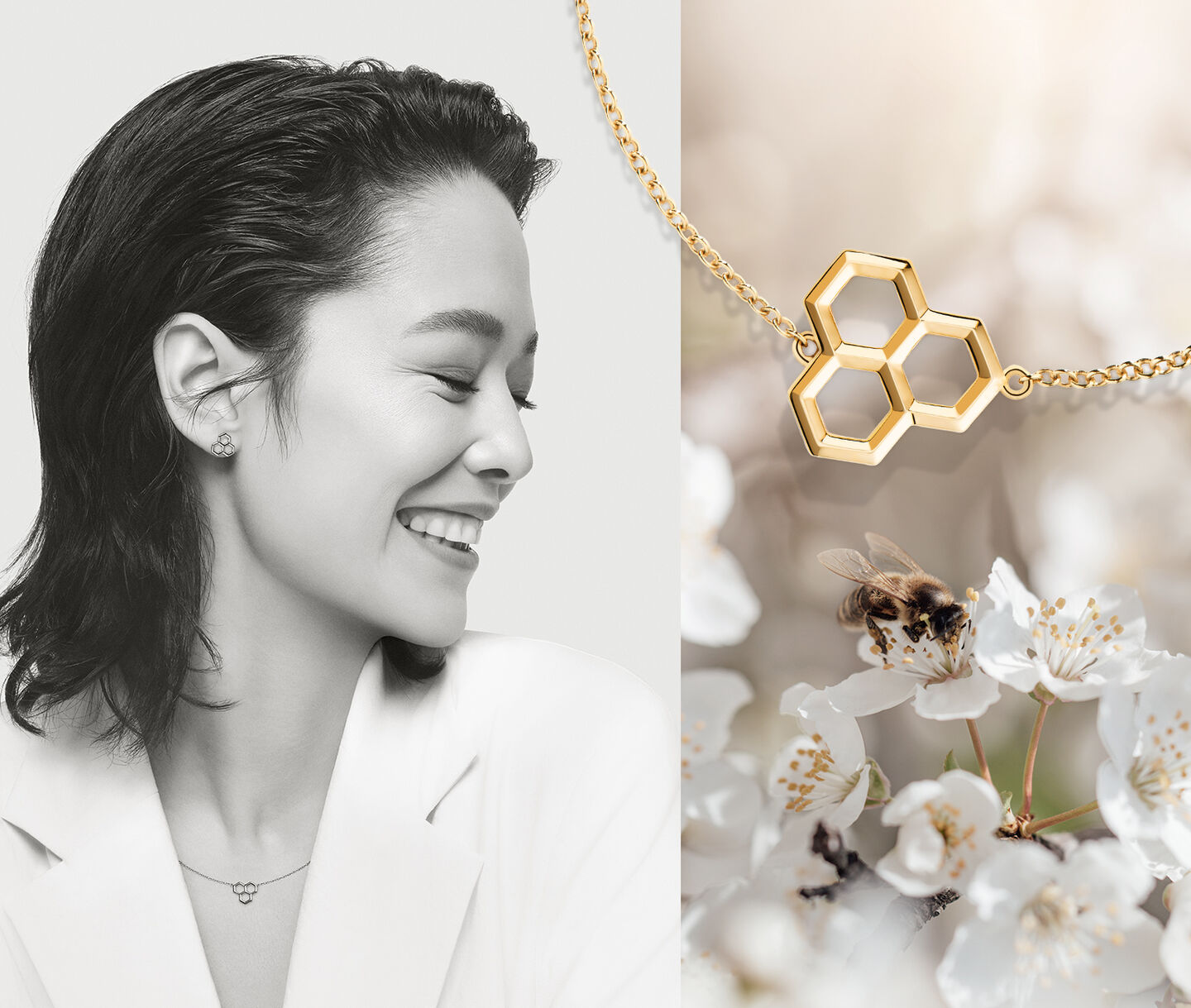 on the left a black and white model, on the right a honeycomb gold pendant.
