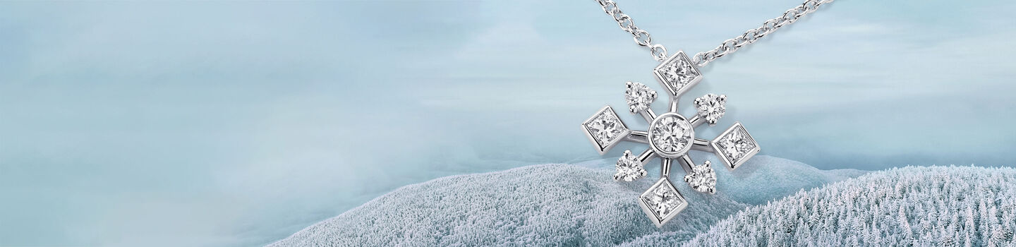 Birks Snowflake diamond and white gold ring on a snowy background