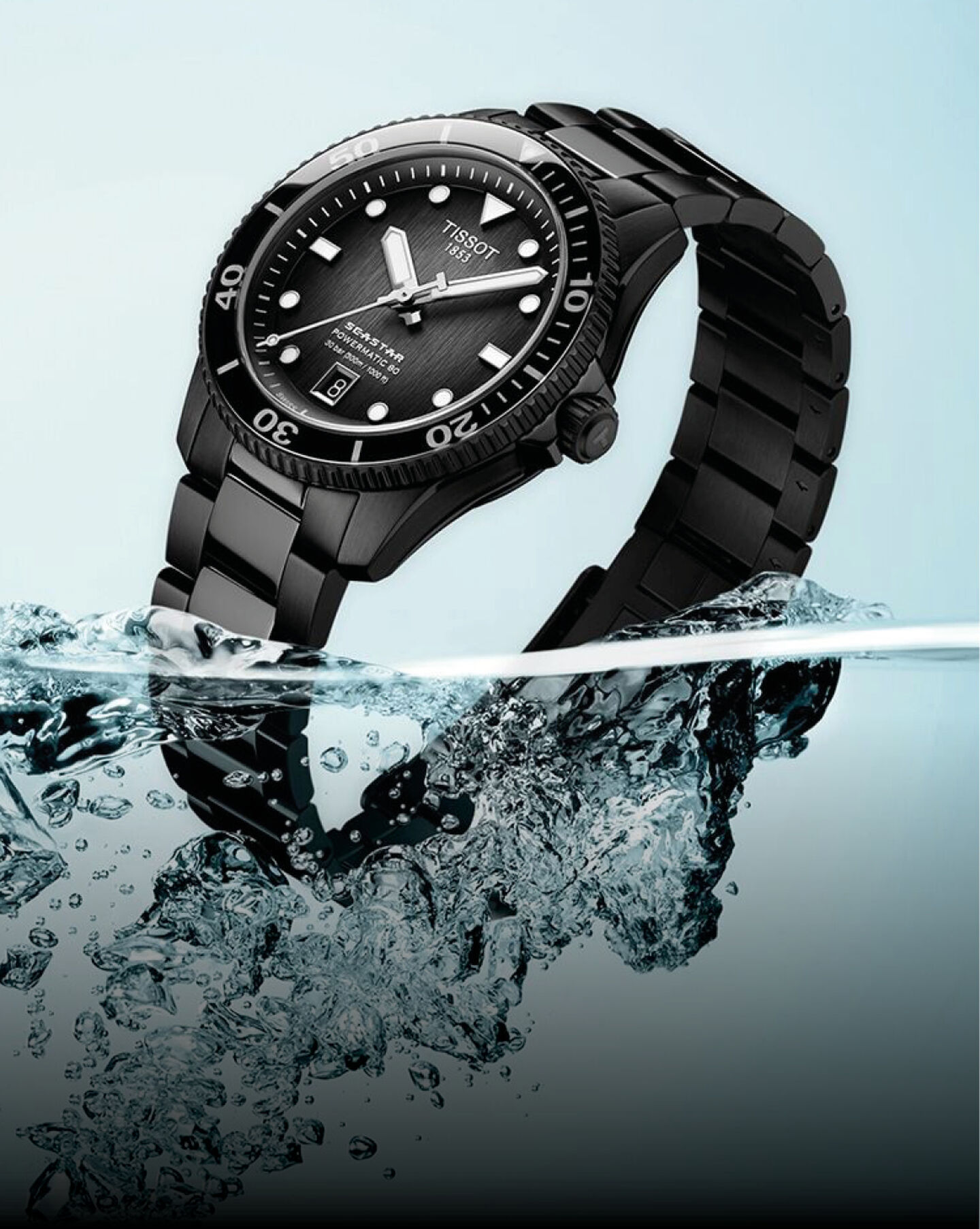 Tissot Sport watch on a watery background.