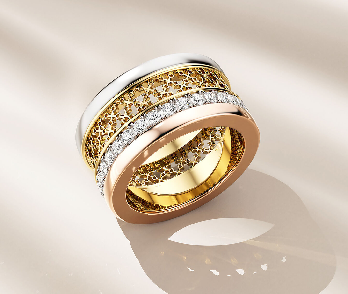 Birks Dare to Dream diamond ring on a baeige background.