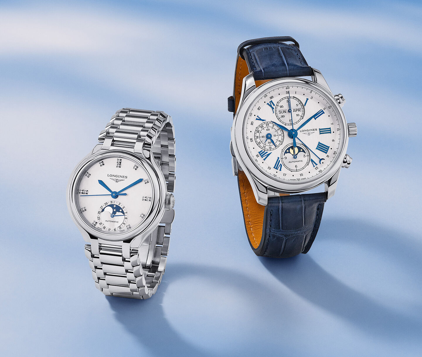 Longines watches for men and women in a blue background.