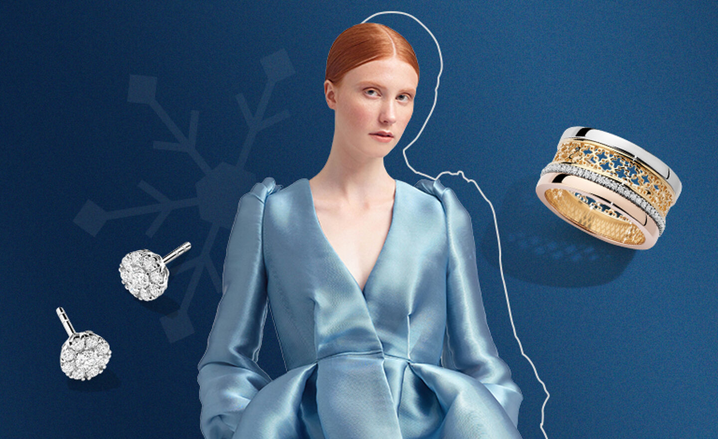 Model in a blue dress between a tri-gold ring and diamond stud earrings