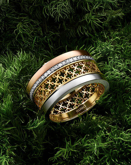 Bague Birks Dare to Dream en or et diamant sur un fond herbeux.
