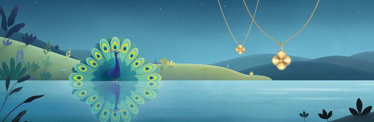 Digital illustration of a peacock standing in a river at dusk with two gold Van Cleef & Arpels pendants in the foreground