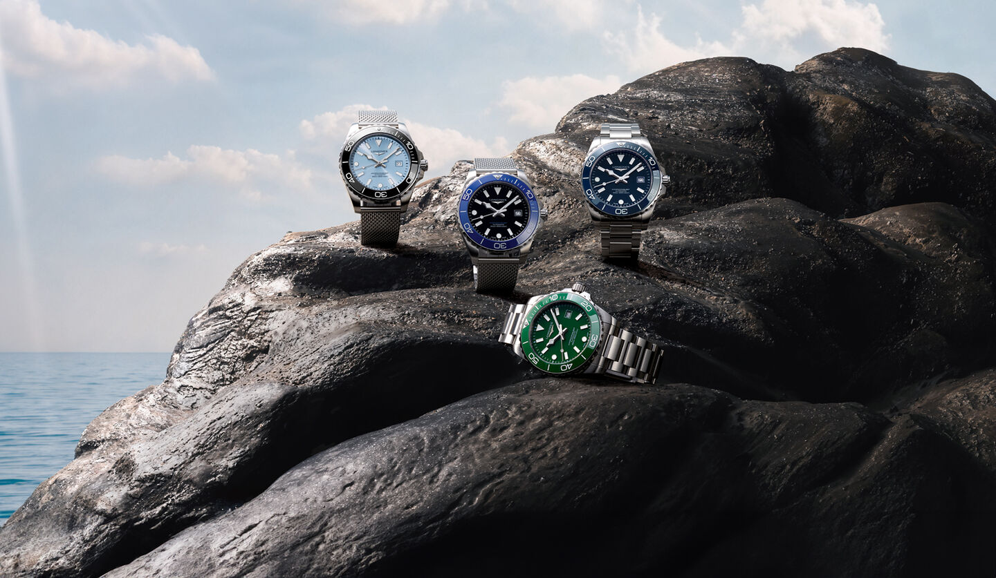 Longines HydroConquest watches on a rocky background.