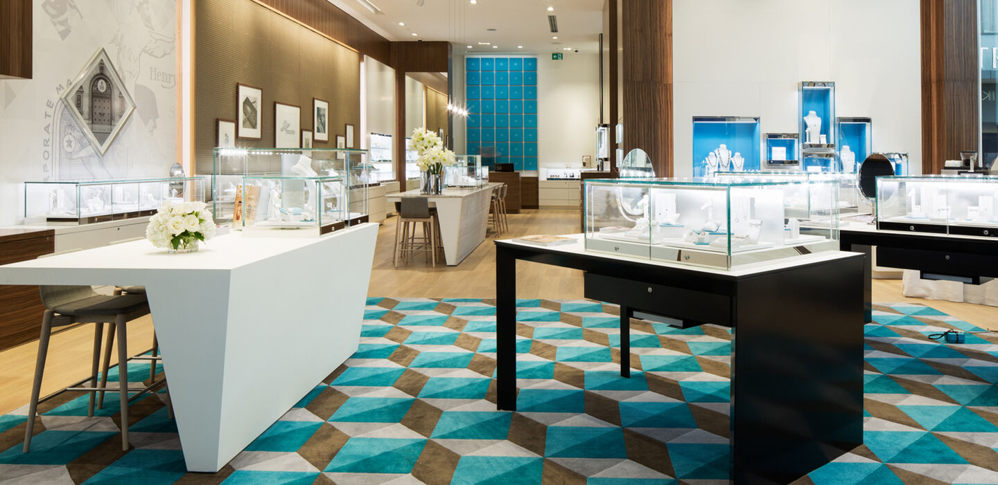 The showcases of jewellery at Maison Birks at Yorkdale Shopping Centre.