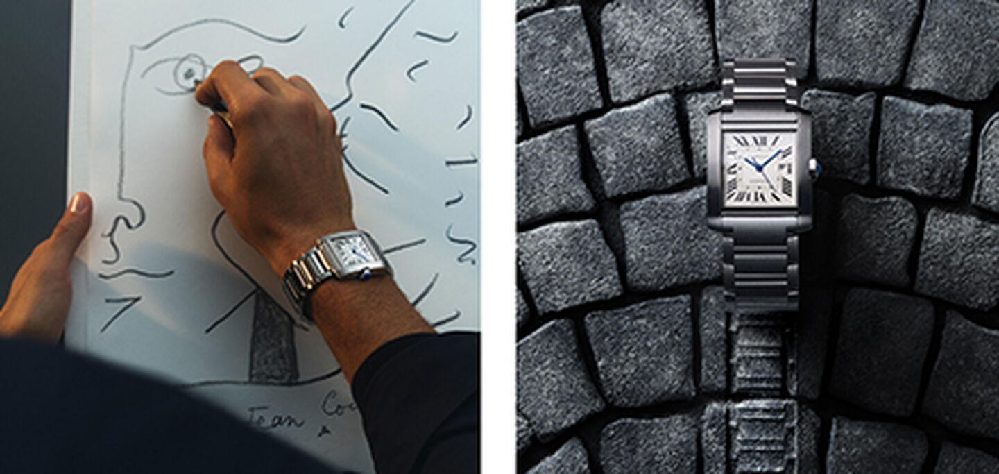 A man sketching a drawing wearing a steel Tank de Cartier watch.