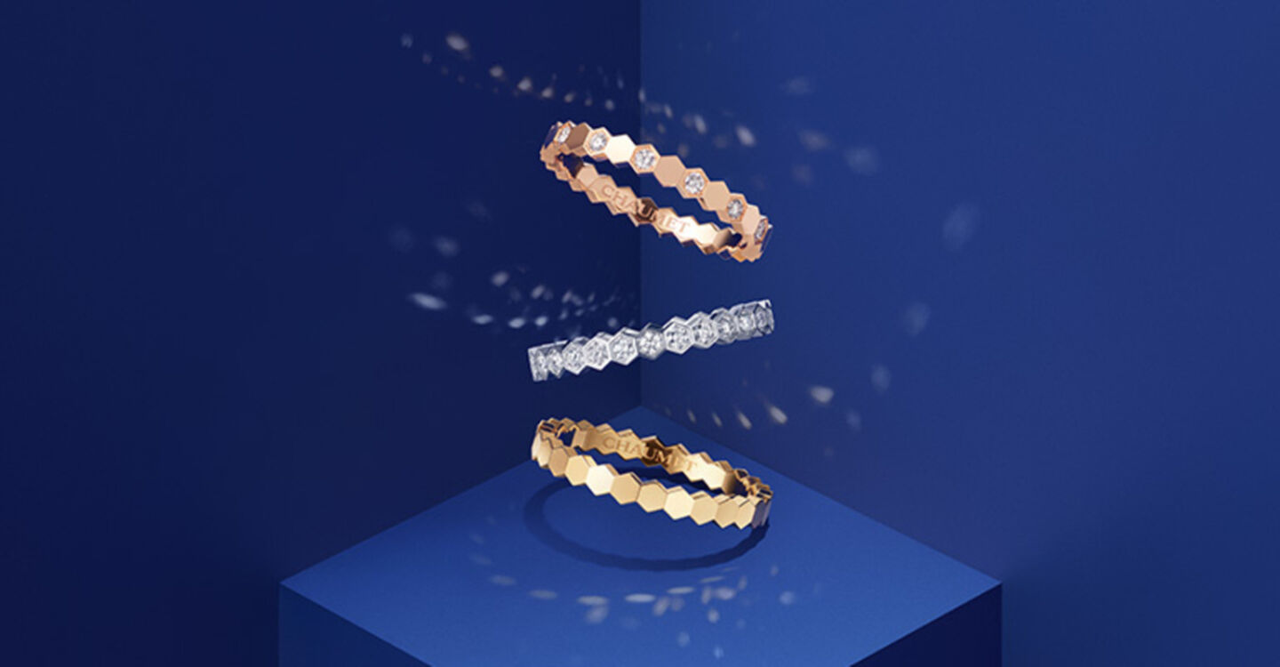 Chaumet's Bee My Love collection floating over blue box 
