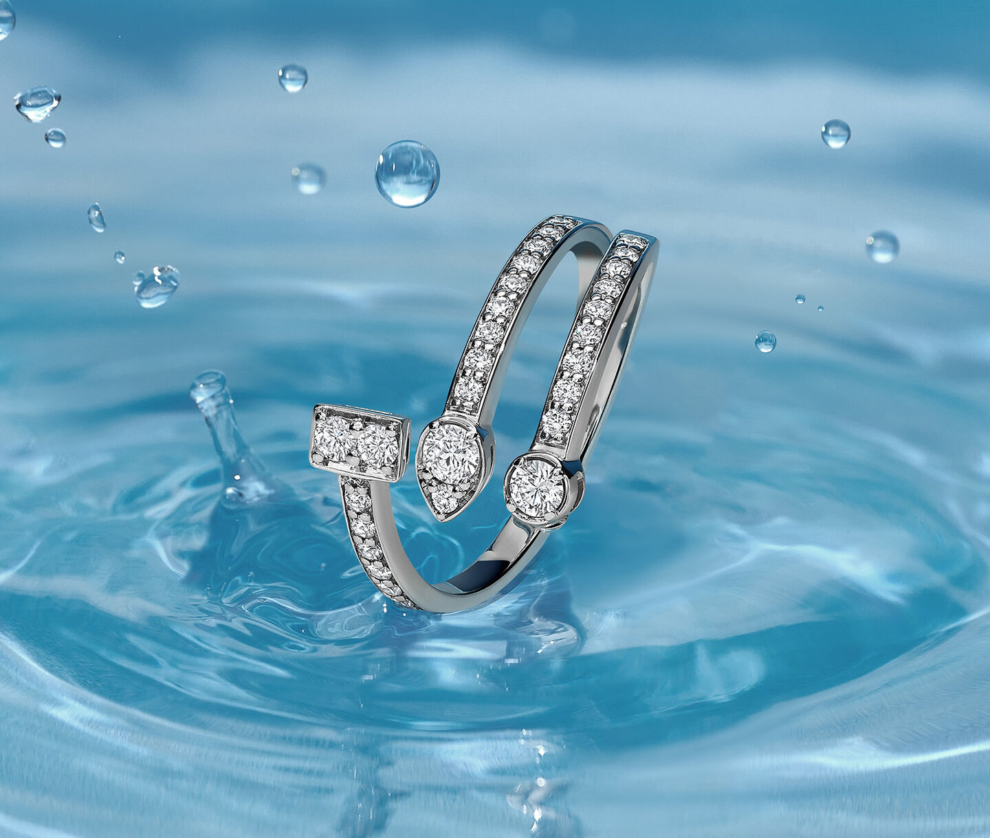 Birks Splash diamond ring on a watery background.