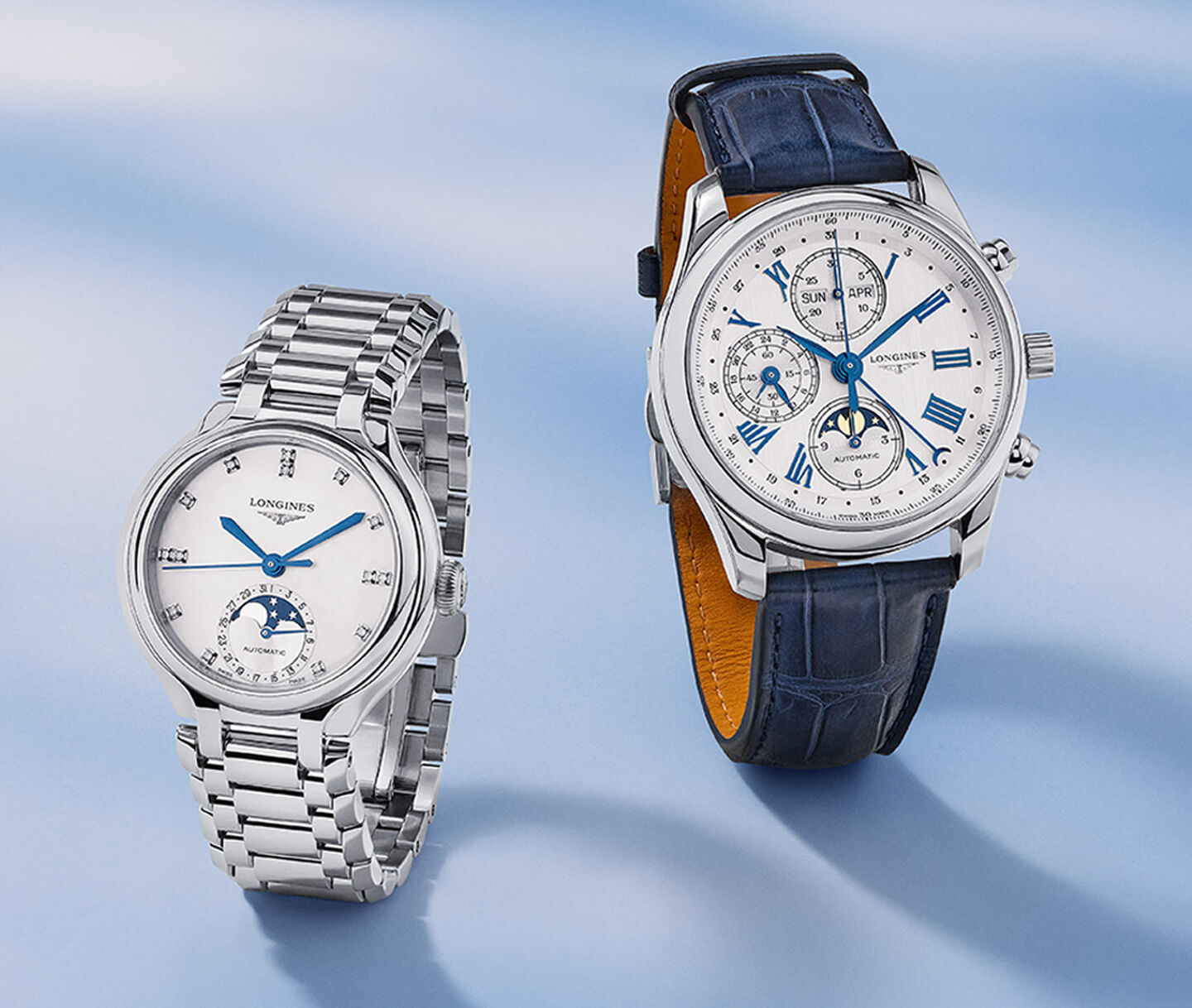 Longines watches on a blue background.