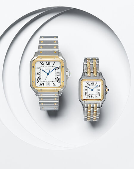 A Santos de Cartier and Panthère de Cartier watches on a white layered background.