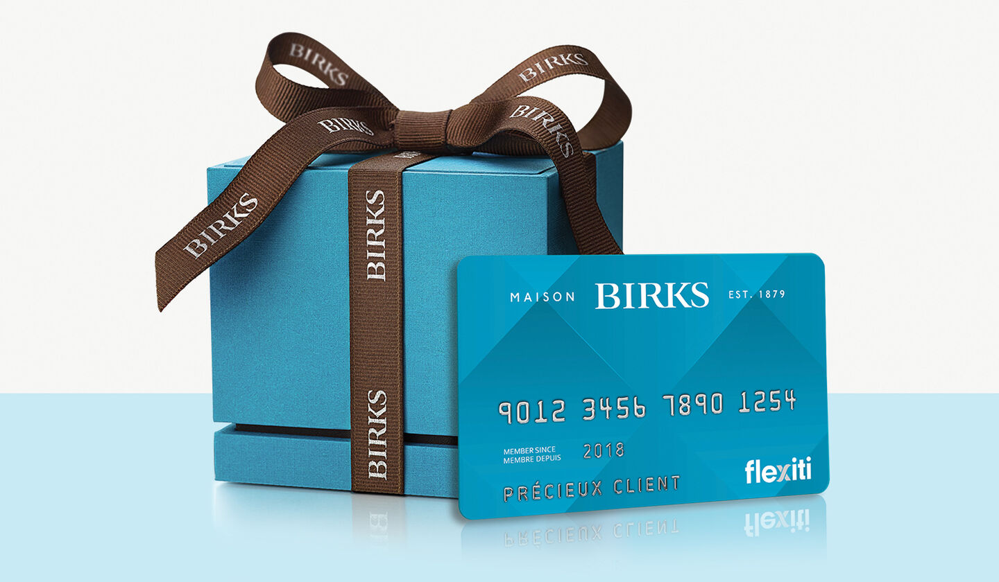 Une carte Flexiti Maison Birks avec une boîte bleu. 