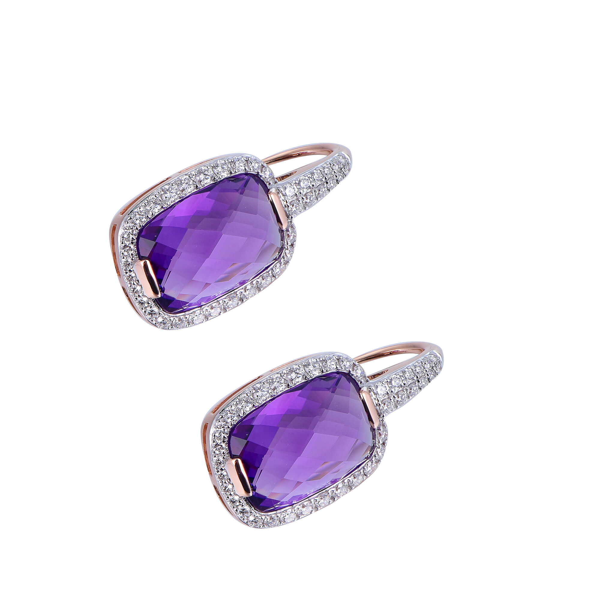 Amethyst Earrings with Diamond Halo in Rose Gold