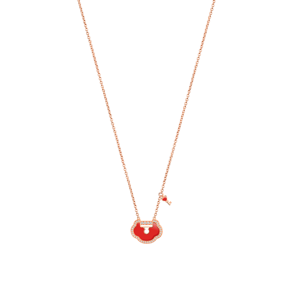 Pendentif Yu Yi en or rose avec agate rouge et diamants