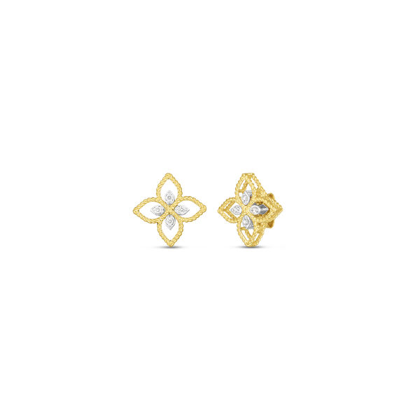 Princess Flower Filigre Small Yellow Gold and Diamond Stud Earrings