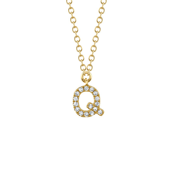 Initials Yellow Gold and Diamond Pavé Letter Q Necklace