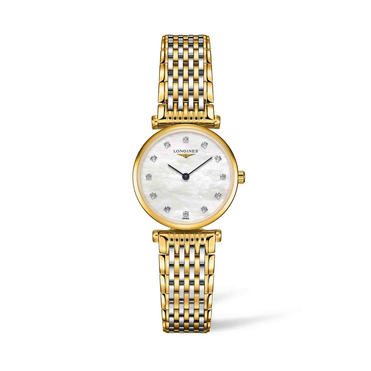 la grande classique de longines 24mm steel and yellow pvd white mop dial diamonds indexes l42092877 image number 0