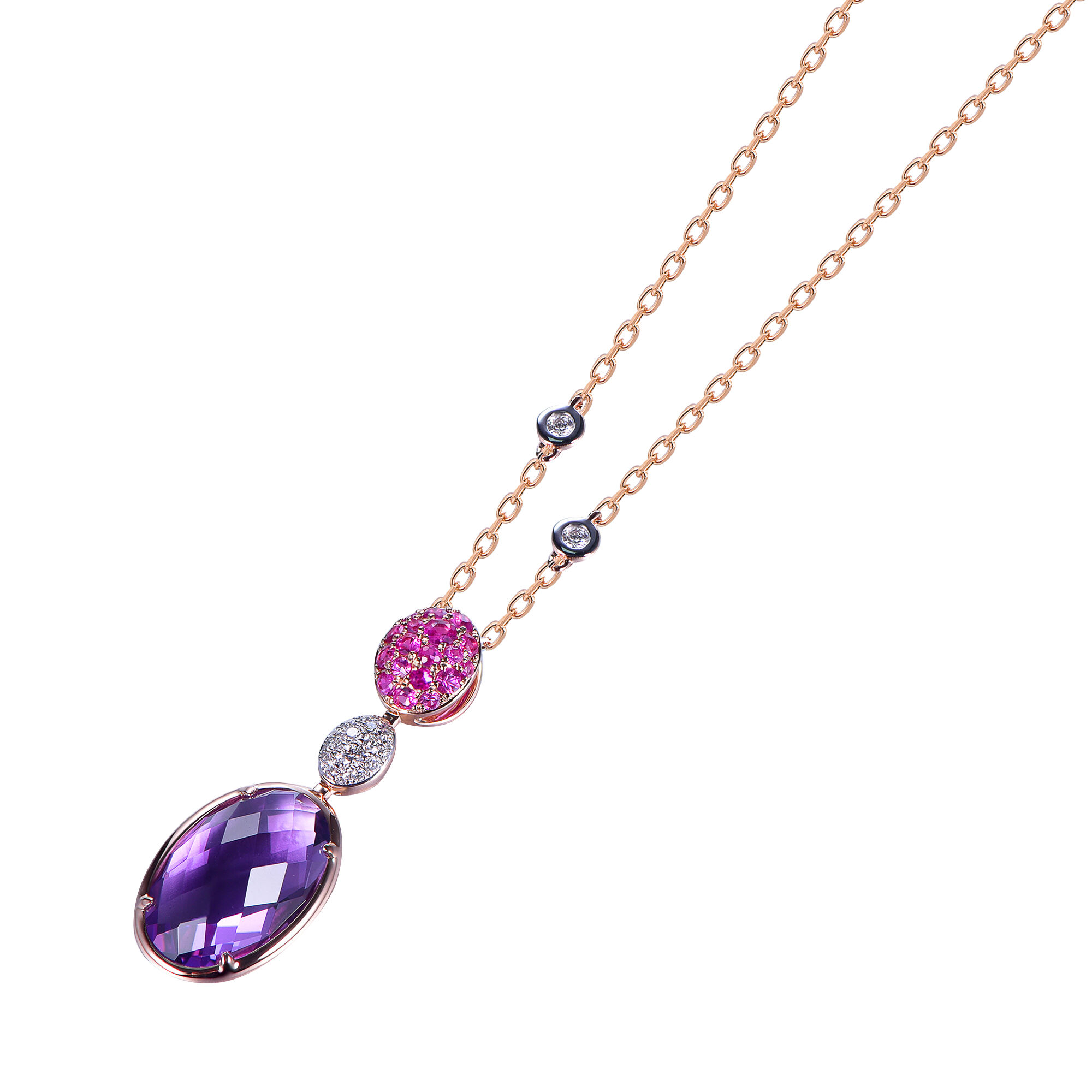 Pink Sapphire and Amethyst Pendant in Rose Gold