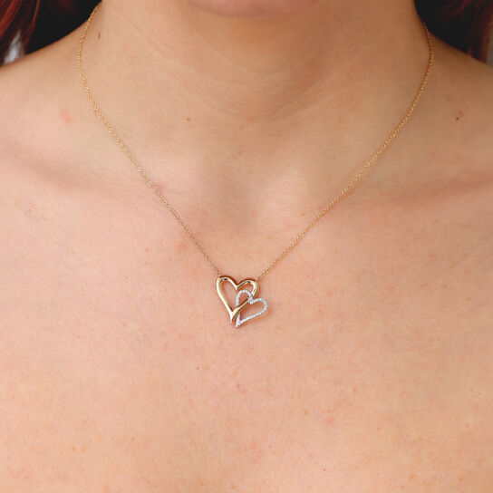 Shy Creation Double Heart Yellow Gold and Diamond Pavé Pendant SC55026852 on Model image number 1