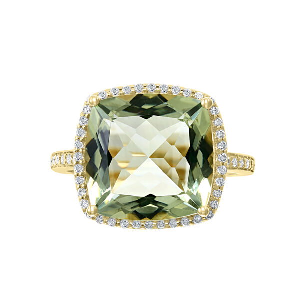 Bague quartz vert à coupe coussin en or jaune avec diamants