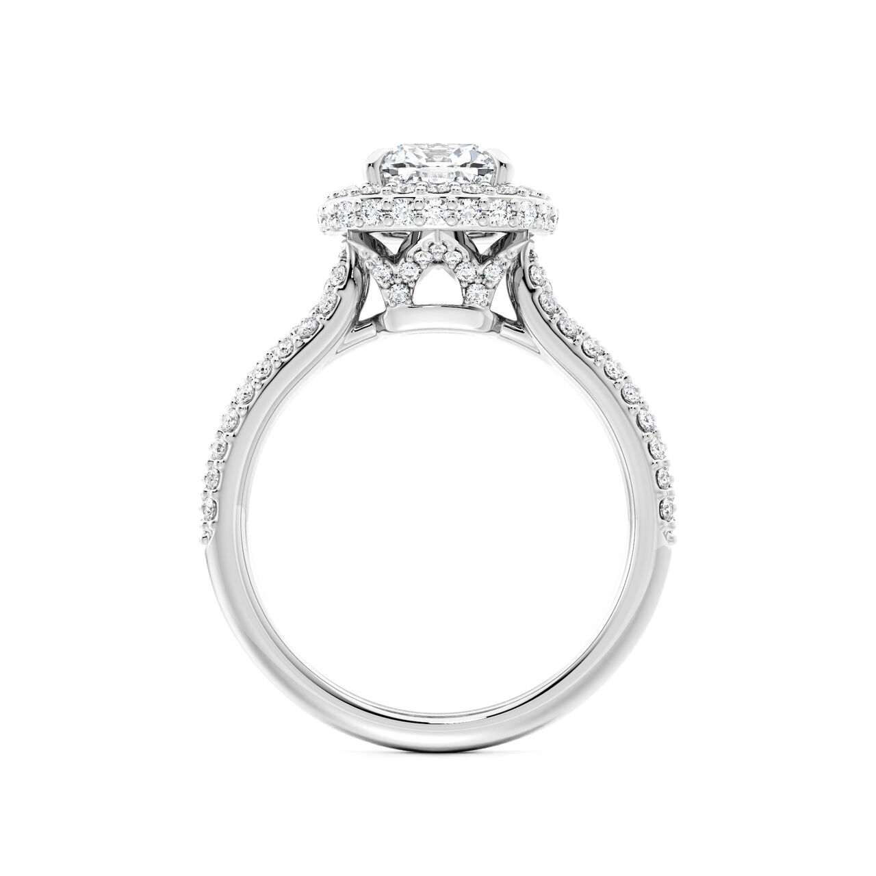 Birks Square Phillips Bague de fian&ccedil;ailles avec diamant coupe coussin &agrave; halo simple et bande pav&eacute;e image number 2