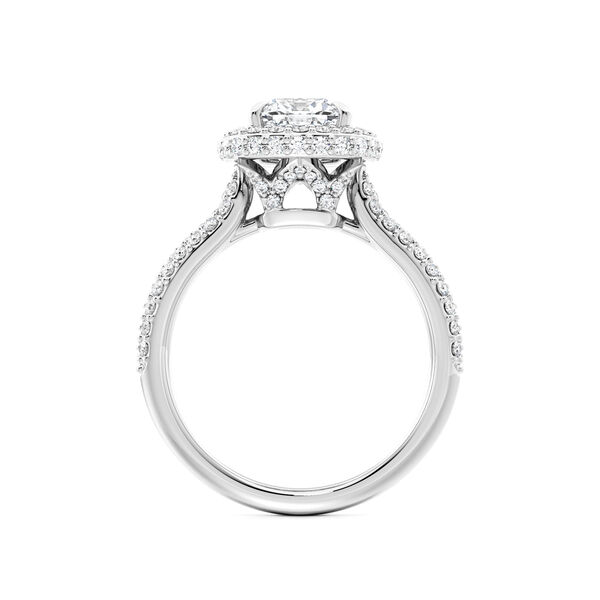 Bague de fian&ccedil;ailles avec diamant coupe coussin &agrave; halo simple et bande pav&eacute;e