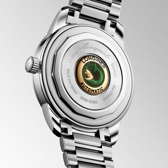 Rear view showing engraved caseback and stainless steel strap image number 4